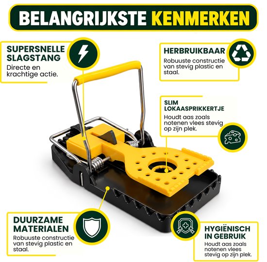 Overzicht van de TWILG rattenval met kenmerken zoals krachtige slagstang, duurzaam materiaal en slimme lokaasprikker.