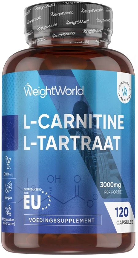 Bruine fles WeightWorld L-Carnitine L-Tartraat 120 capsules, geproduceerd in de EU, 3000mg per portie, veganistisch.