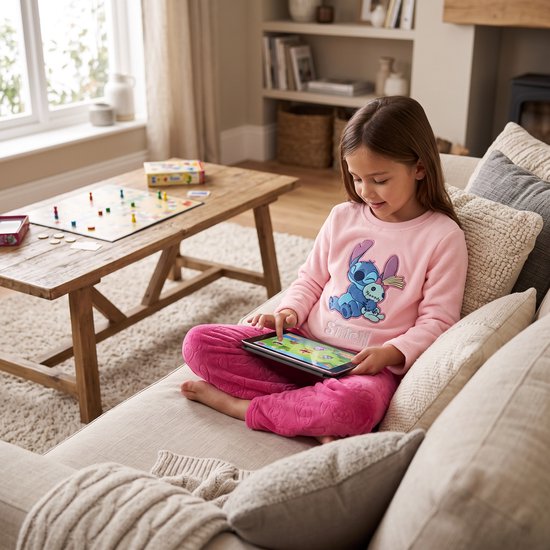 Meisje op een bank draagt een roze Stitch-pyjamaset van fleece met Stitch-print op de trui.