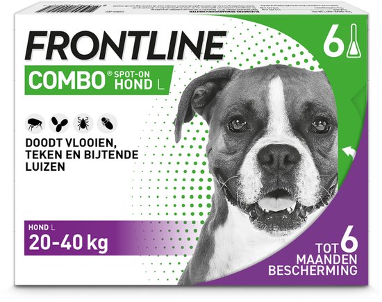 Frontline Combo verpakking voor grote honden, 20-40 kg, met foto van een hond en tekst: Doodt vlooien, teken en bijtende luizen.