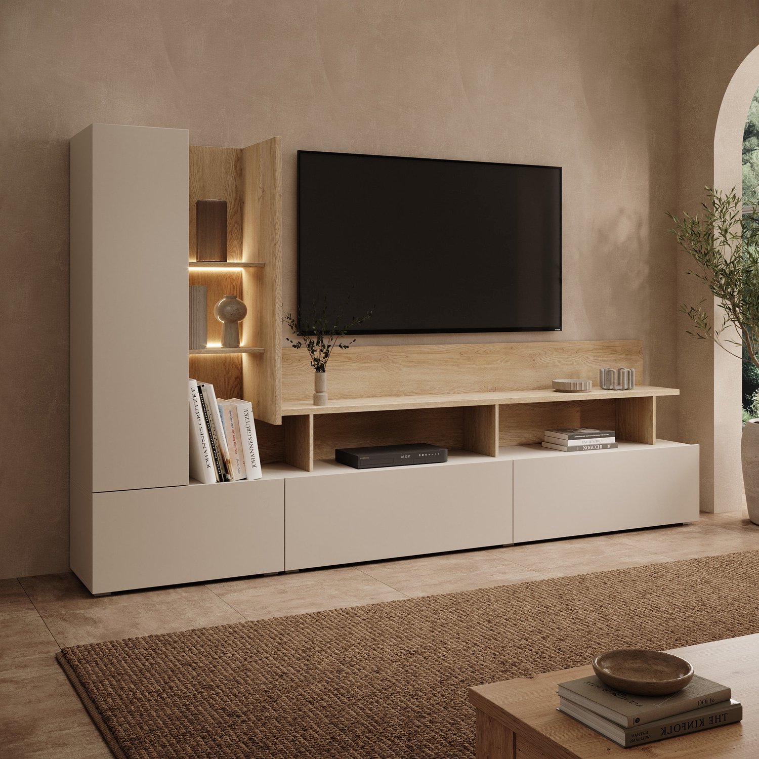 MEUBELLA Bandabou - Wandmeubel - Beige/Licht eiken - 270x40x162 cm