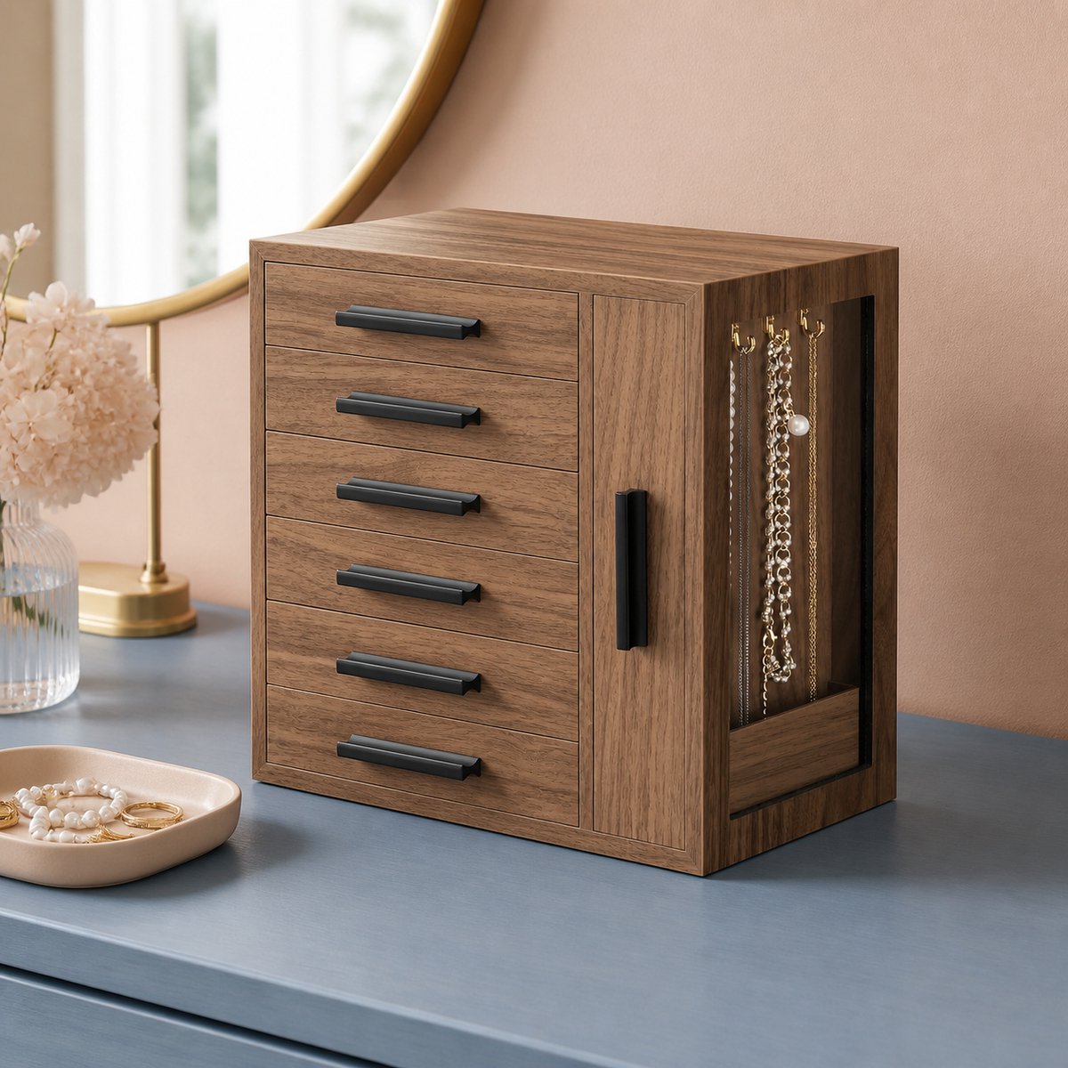 TRANKIELO® - 6-laags houten sieradenkistje - stijlvolle organizer voor ringen, oorbellen & kettingen