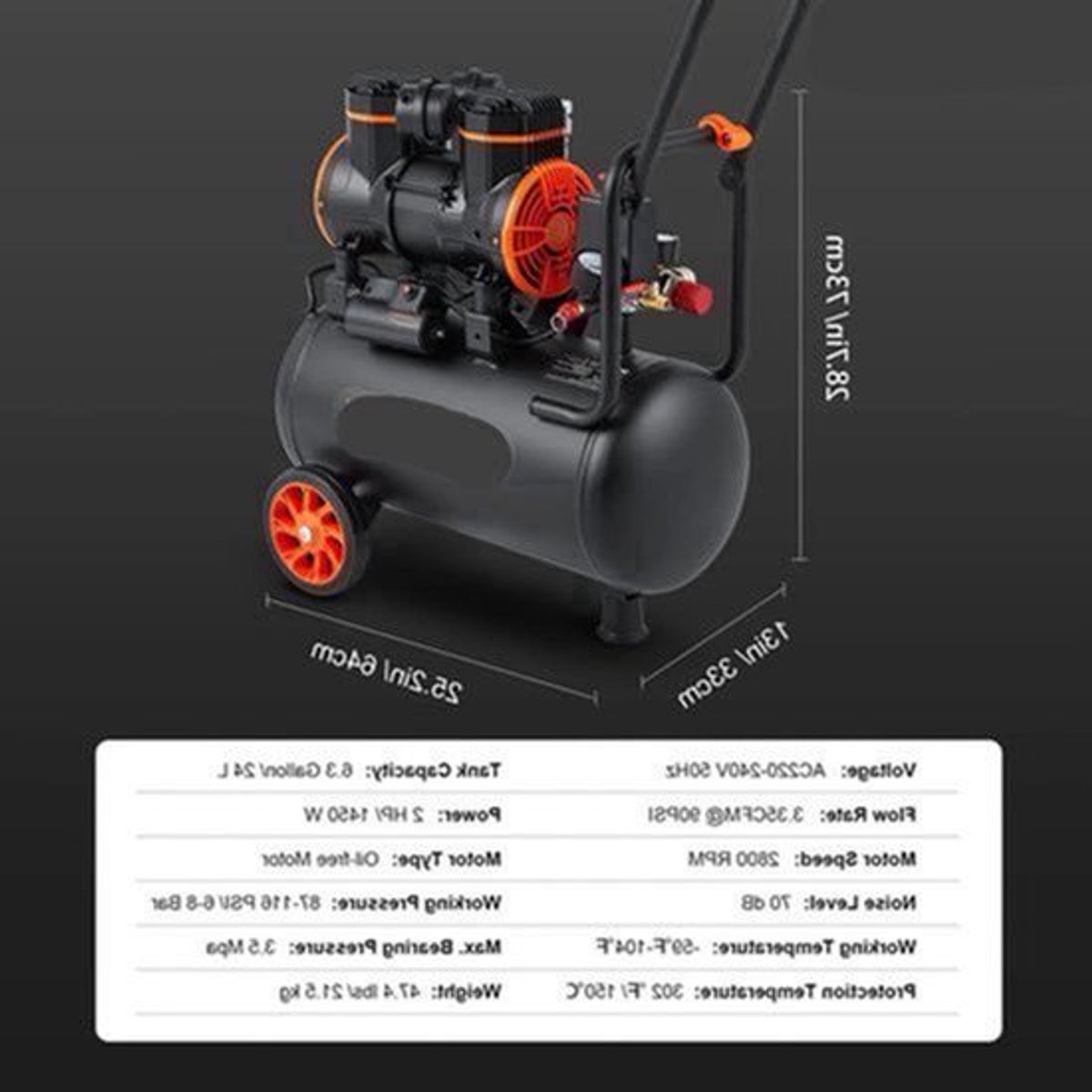 Stille Olievrije Luchtcompressor - Luchtcompressor - Luchtcompressor Bandenpomp - 70dB Geluidsarm - 6,3 Gallon - Draagbare - voor Banden - Spuitwerk - Gereedschap