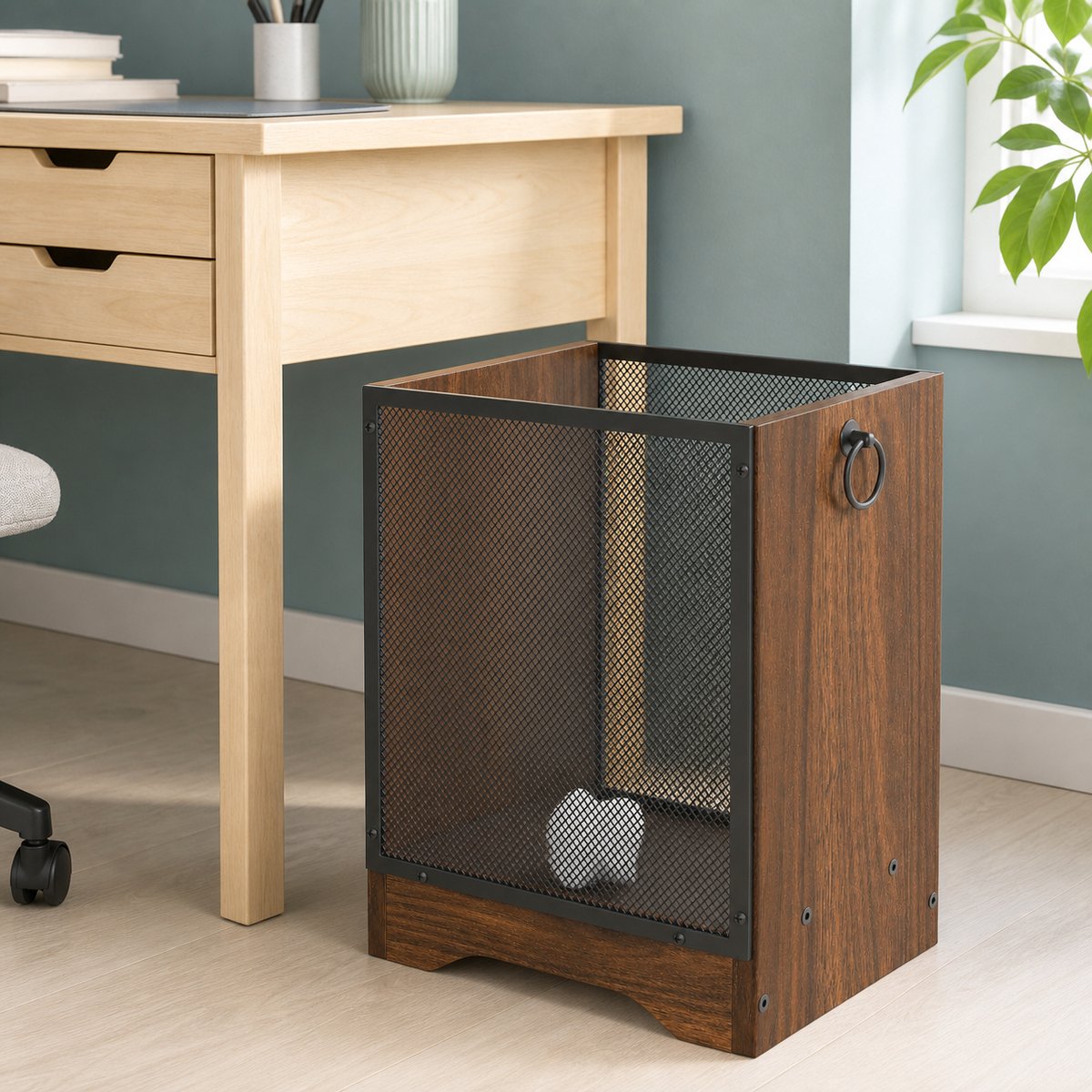 TRANKIELO® - Retro prullenbak met metalen mand – compact design voor kantoor en woonkamer – 17 liter, donker walnoot en zwart