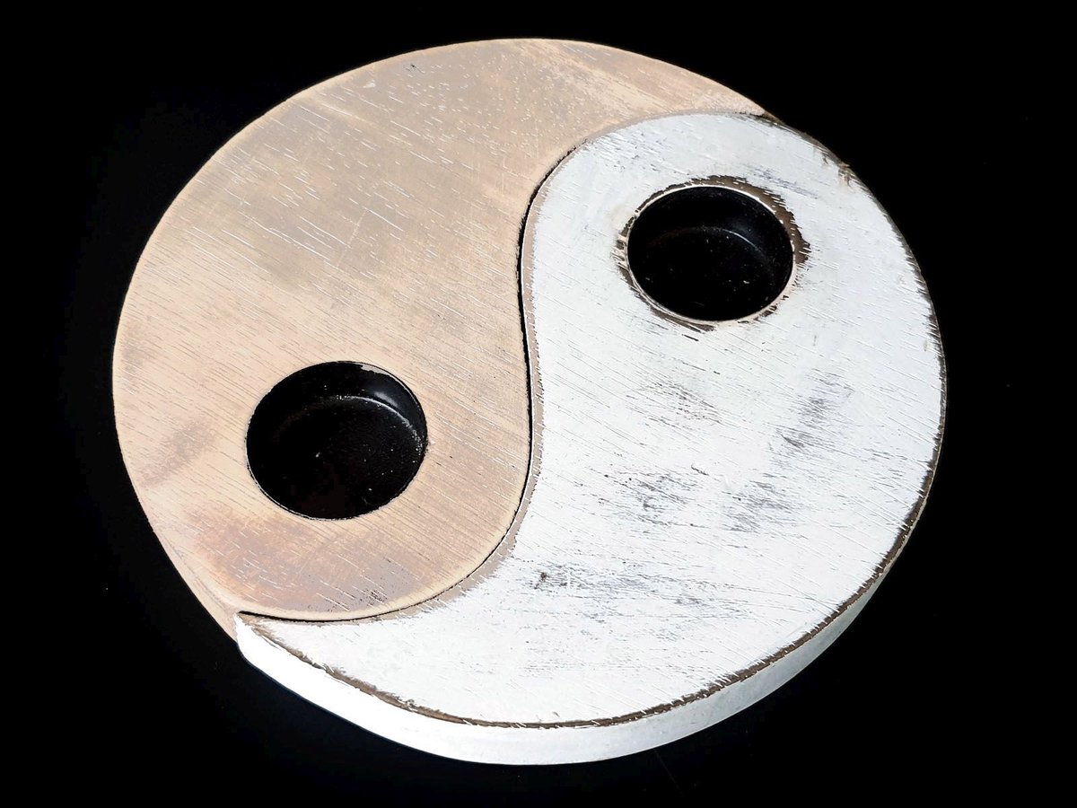 Waxinehouder Yin en Yang - set van 2 - diameter 20 cm - naturel / antique white - Woodart
