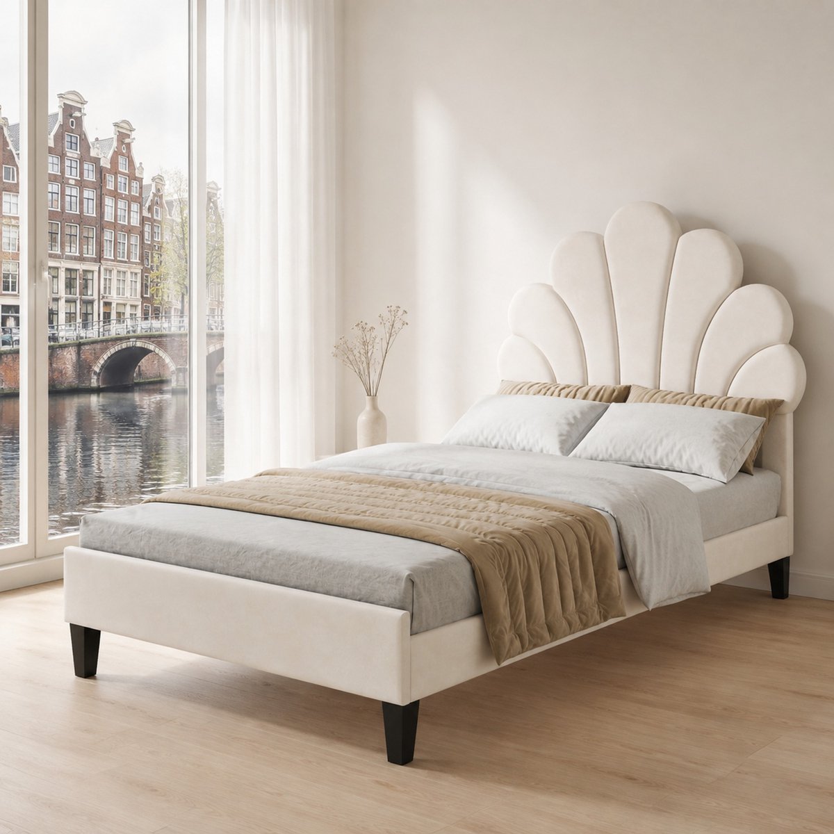 WUVRIE Polsterbett Kinderbett 90 x 200 cm, Bettgestell met bloemvormig hoofddeel in beige velvet, lattenbodem, tienerbed