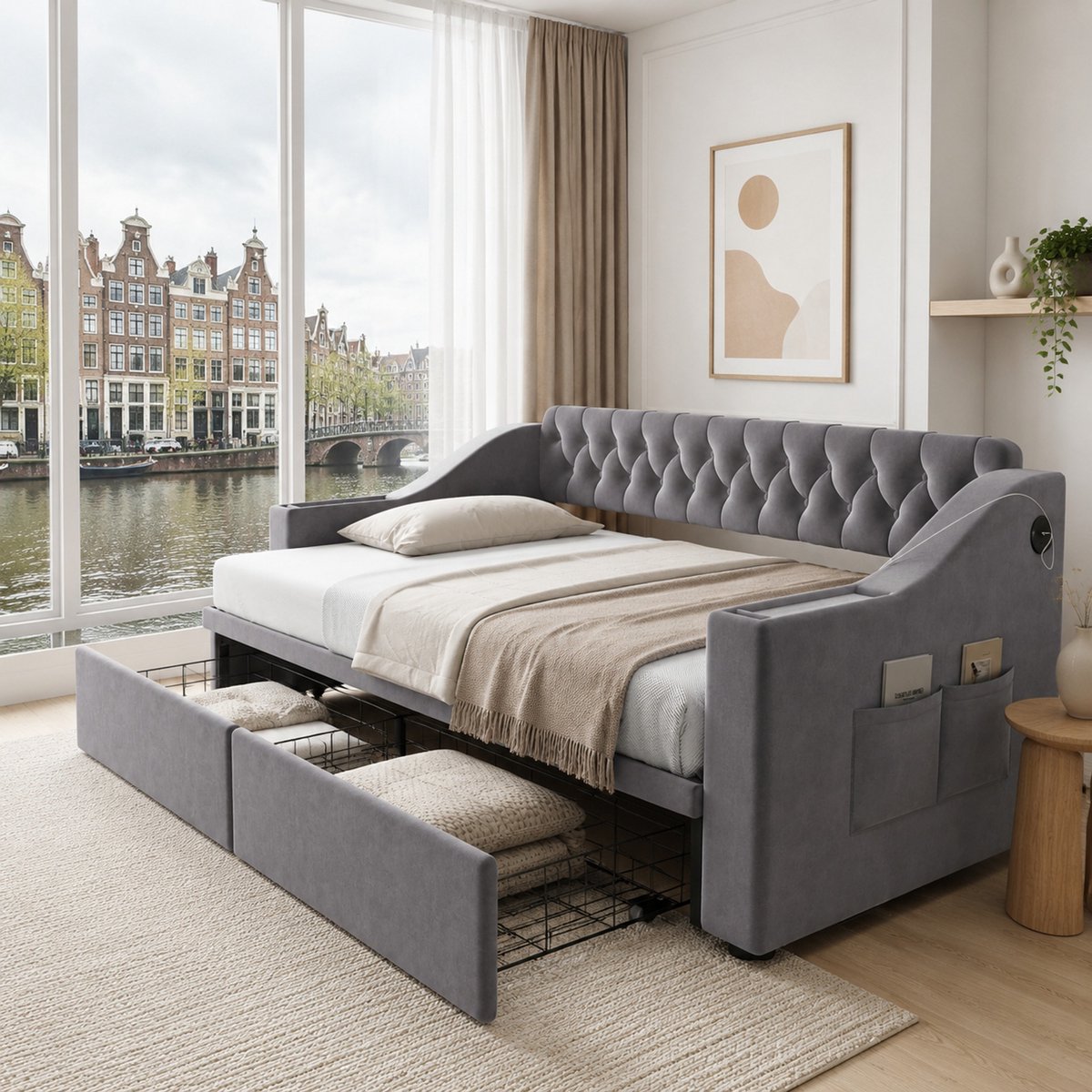 WUVRIE Polsterbett Schlafsofa 90*190 cm, Breitere und Dickere Armlehnen mit USB-Ladeanschluss, Integrierte Ablage in den Armlehnen, Mit Ablagetaschen, Mit Aufbewahrungsschublade, Samtstoff, Dunkelgrau Grijs