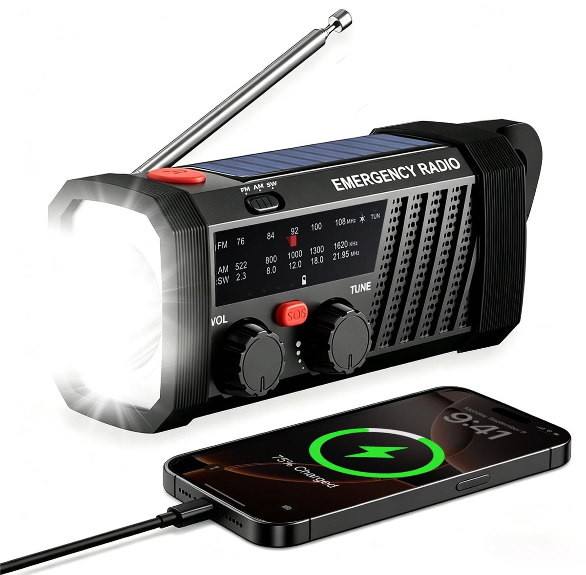 Gemmac Noodradio met Zwengel en Zonne-Energie, met 2000 mAh Accu, Powerbank AM/FM/SW 5-Weg Opladen, Draagbare Radio - ShopVlot
