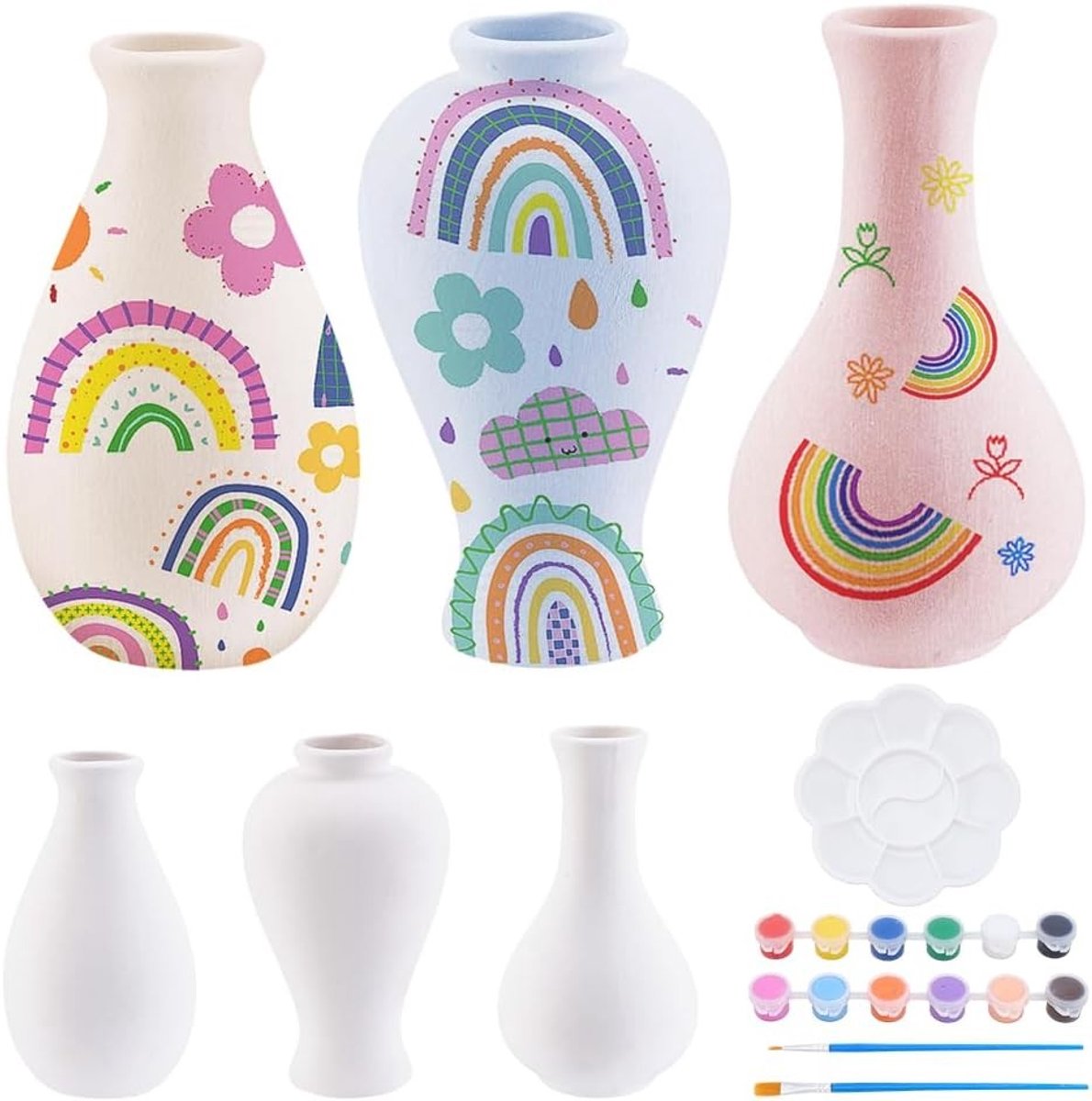 Set van 3 Onbeschilderde Keramische Vazen in Regenboogkleuren - Creatieve Schilderset voor Volwassenen en Beginners met Verf en Kwasten (3 Vormen)