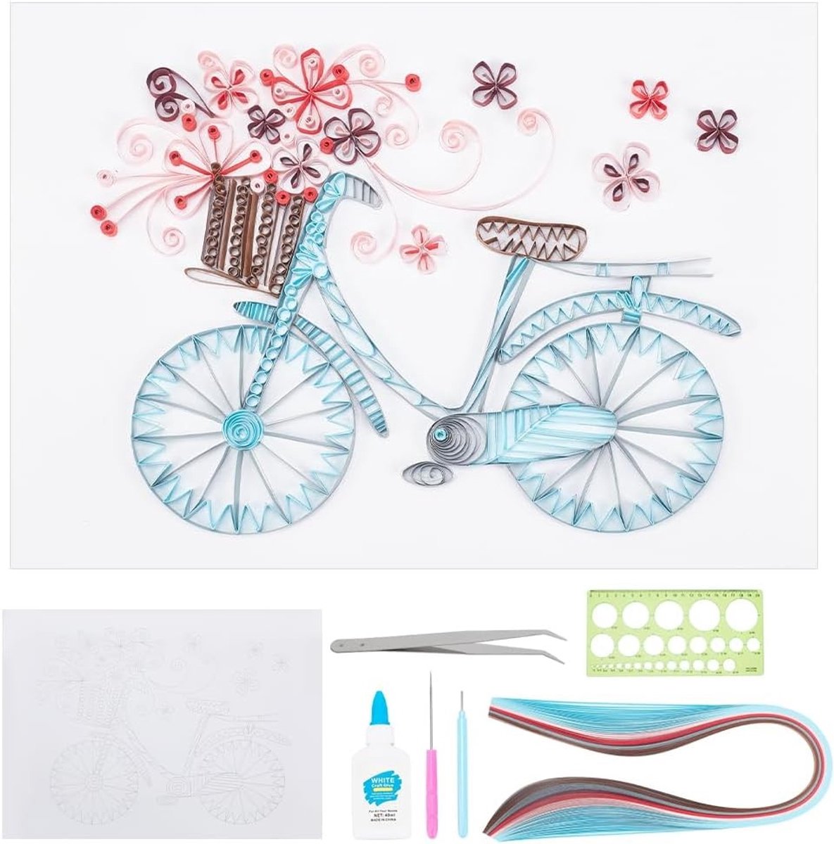 Complete DIY Quilling Set voor Fietsontwerpen - Papier, Gereedschap, Sjablonen en Lijm voor Creatieve Knutselprojecten