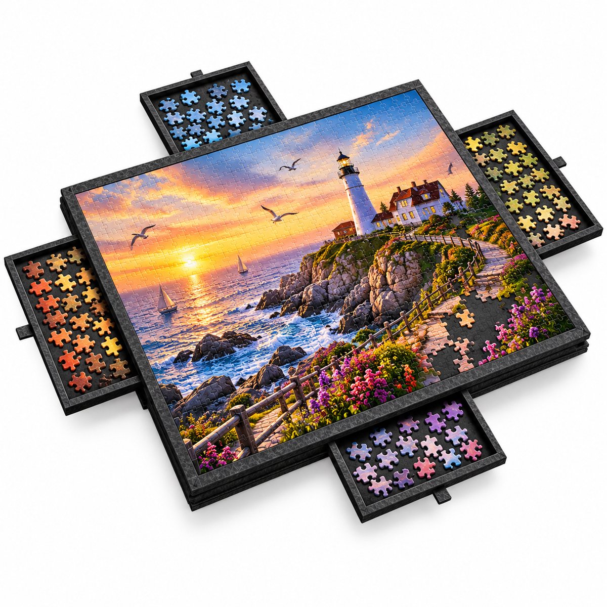 Currero Puzzeltafel Met Lades 1000 Stukjes - Puzzelbord - Puzzelmat - Opbergsysteem - Vilt - Met Deksel - Legpuzzel Accessoires - 1000 Pcs