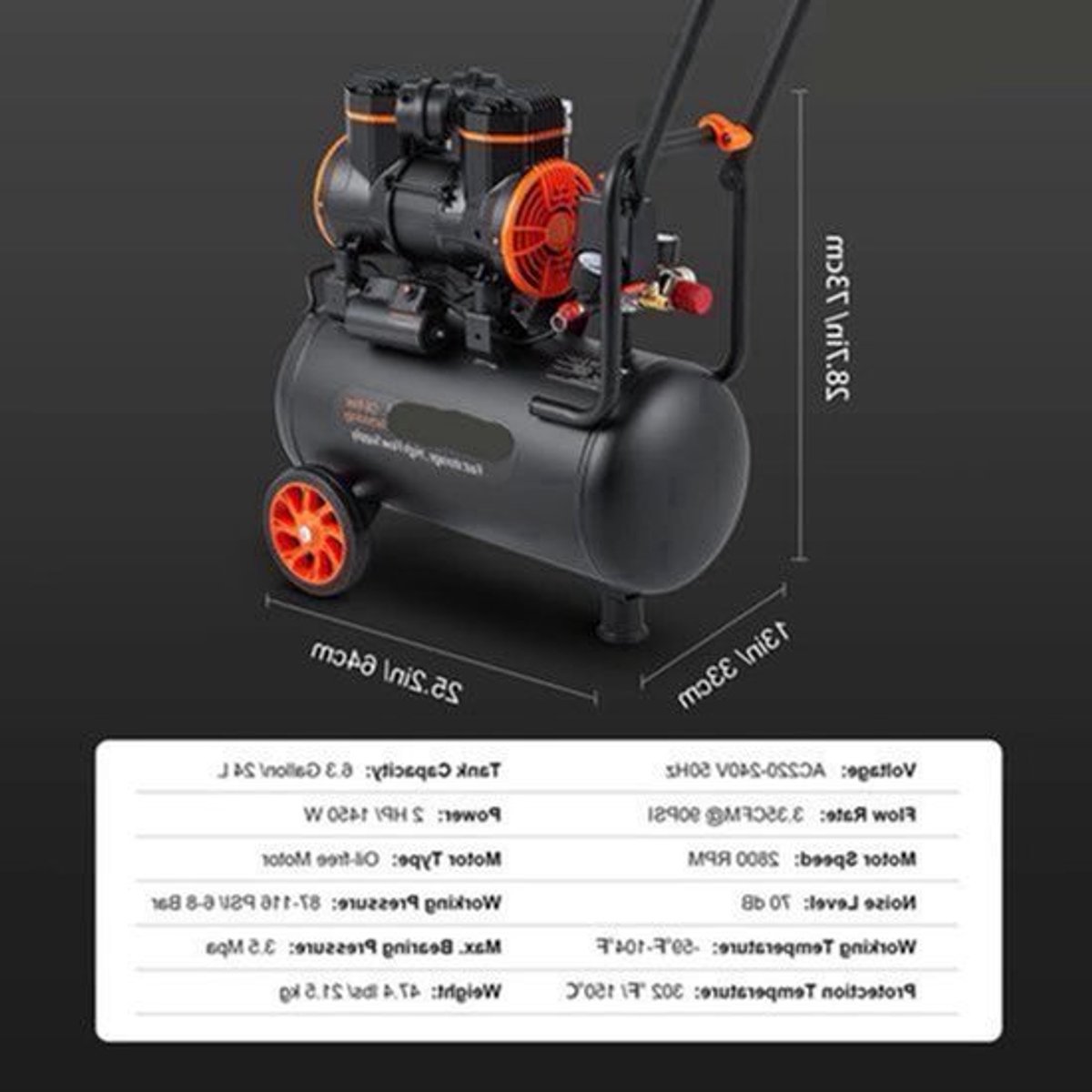 Luchtcompressor - Stille Compressor - Luchtpomp - Olievrije Draagbare Compressor - 24L - 1450W - voor Banden, Klussen en Hobbygebruik - Bandenpomp