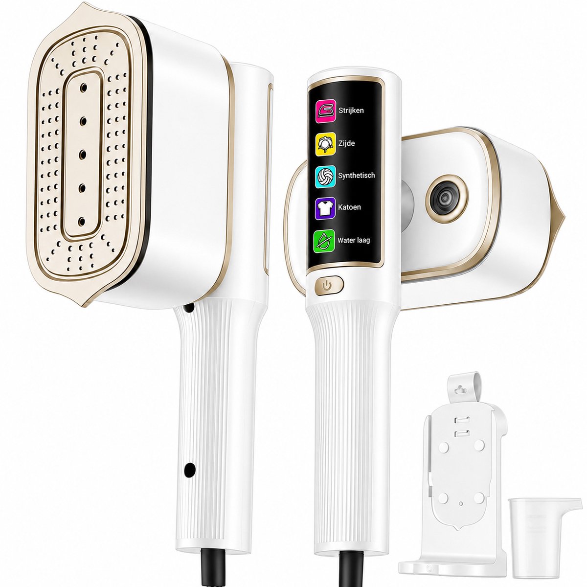 Kledingstomer 2-in-1 – Handstomer & Stoomstrijkijzer – 1600W – 28 g/min – Digitaal Display – 4 Standen – Anti-Lek – 90° Draaibaar – Compact Reisstrijkijzer – Wit/Goud