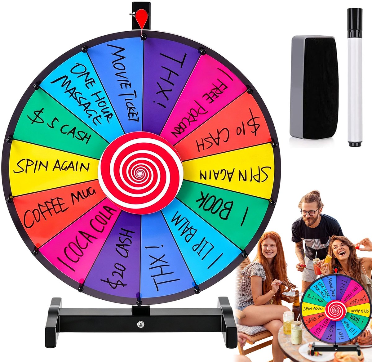 Rad van Fortuin - Draaiwiel 45 cm - Prijsrad - Gezelschapsspel - Uitwisbaar - 14 Schrijfvakken - Schrijf & Gum - H-vormige Voet - Inclusief Whiteboardstift & Gum - Voor Feesten & Les & Promoties- Herbruikbaar