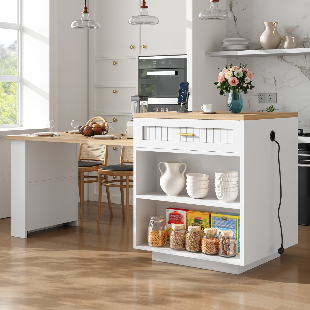 HAUSS SPOLE Keukenkast Uitrekbaar Met Ingebouwde Stekkerdoos En Lade En Legplanken Voor Keuken En Eetruimte Wit MDF 121,5 192 Cm