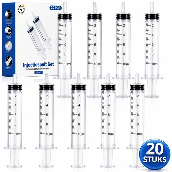Set van 20 injectiespuiten van 10 ml, gemaakt van helder plastic met zwarte markeringen en een extra lange tuit, zonder naald.