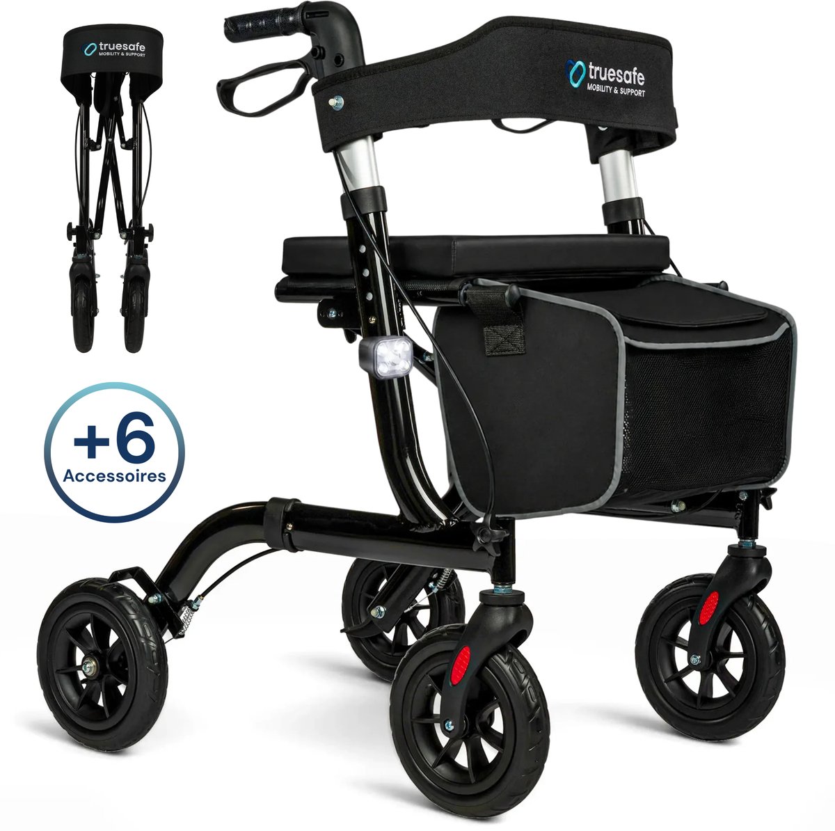 TrueSafe Rollator lichtgewicht en opvouwbaar (6,9 kg) - Ergonomisch zitkussen - Verlichting - Rugleuning en wandelstokhouder - Voor binnen en buiten - Zwart