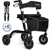 TrueSafe Rollator lichtgewicht en opvouwbaar (6,9 kg) - Voor binnen en buiten - Incl. ergonomisch zitkussen, verlichting, rugleuning, wandelstokhouder en meer - Zwart