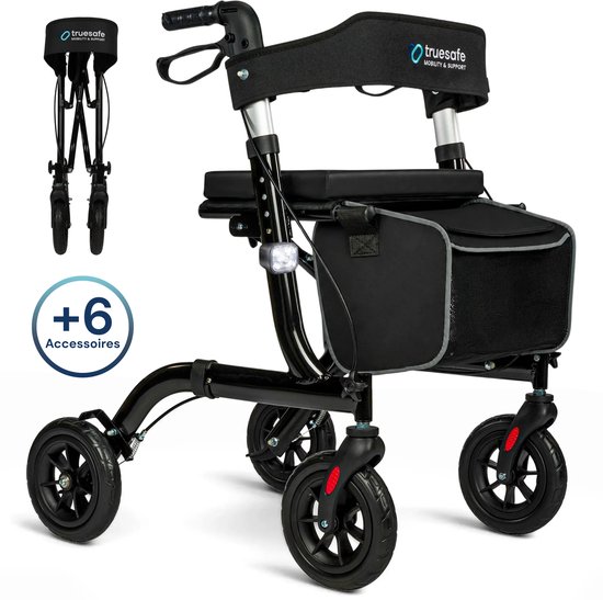 Zwarte Truesafe rollator met +6 accessoires en opgevouwen rollator ernaast.