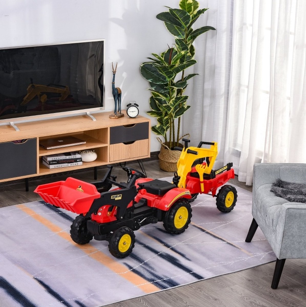 MODFU - Speelgoedvoertuig - Tractor Met Aanhanger En Frontlader - Rood