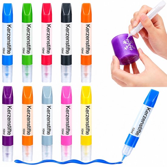 Twaalf kaarsstiften in verschillende kleuren en een hand die een paarse kaars decoreert.