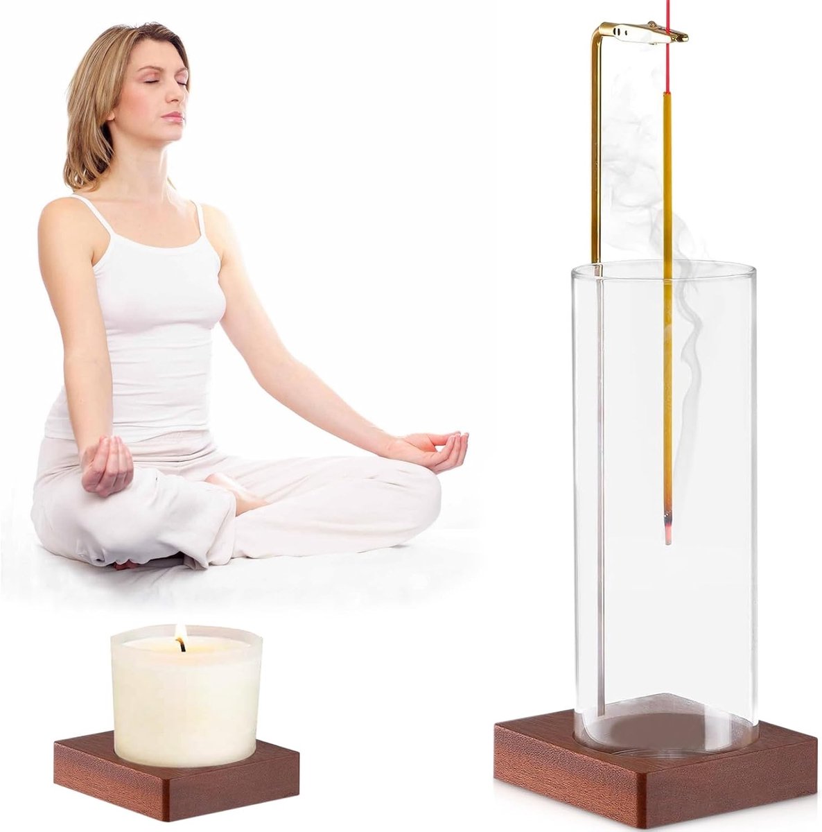 Houten wierookhouder met afneembare glazen asopvangbak voor meditatie, kantoor en interieurdecoratie, ideaal voor woonkamer en slaapkamer