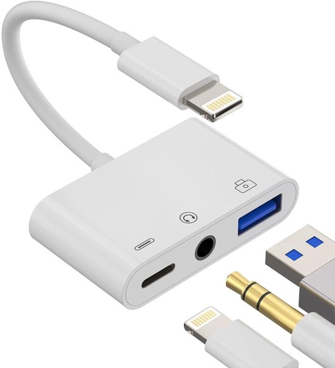 Allecto - 3-in-1 Lightning USB Adapter - 3.5 mm Jack - snellader en USB Hub
