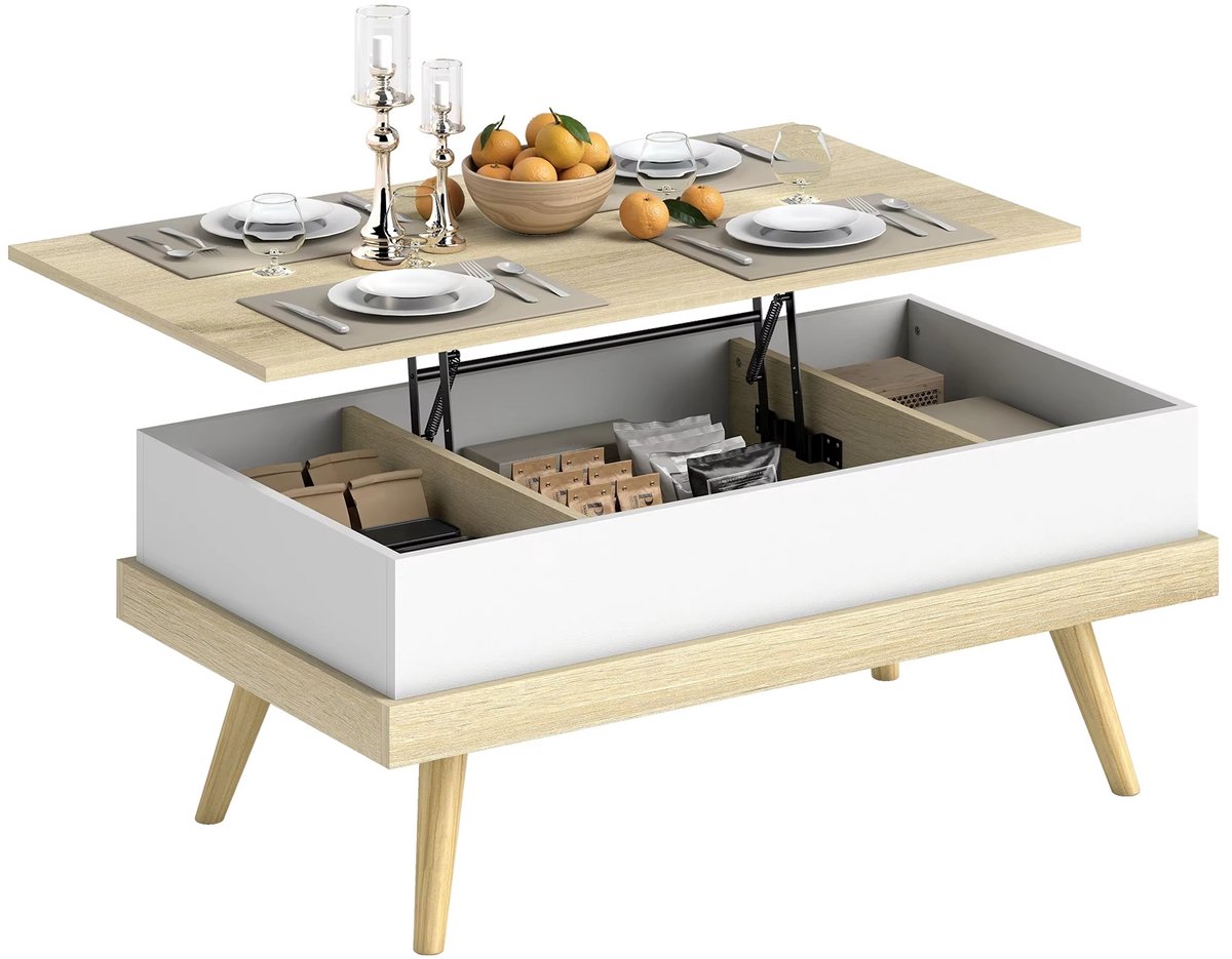 Whoopr® Opklapbare Salontafel met Opbergruimte – Lift-Top Woonkamertafel met 3 Verborgen Opbergvakken & Houten Poten – 100 × 79 × 54 cm – Naturel/Wit