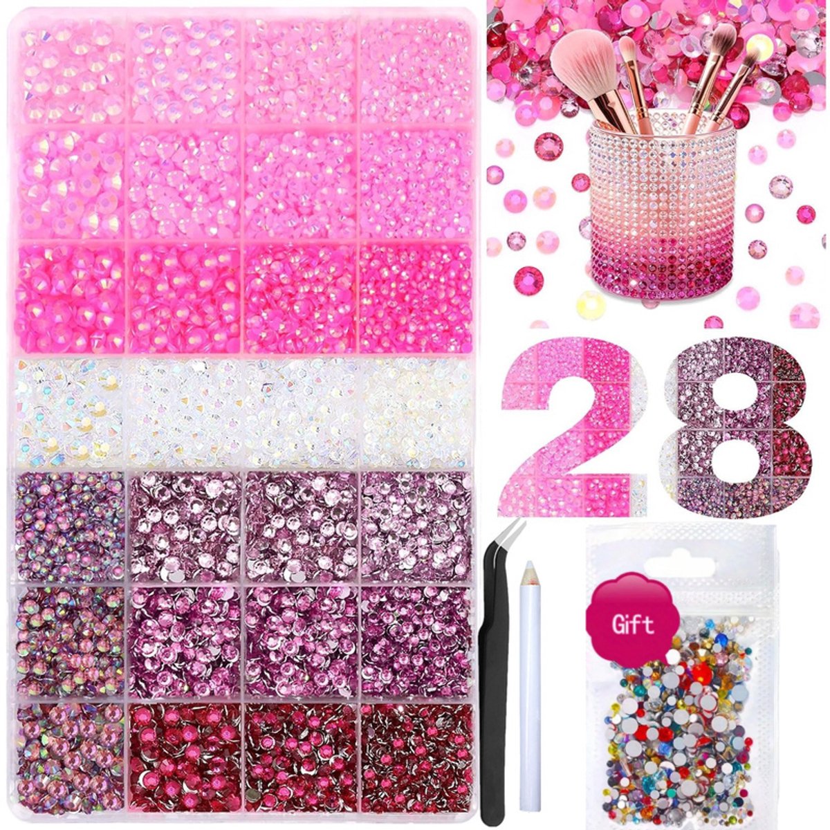 Currero Bedazzle Kit - Bedazzling - Plakstenen - Strass Steentjes - DIY Versieren - 28 Vakken - Met Pincet En Applicator - 3mm - Serie 1
