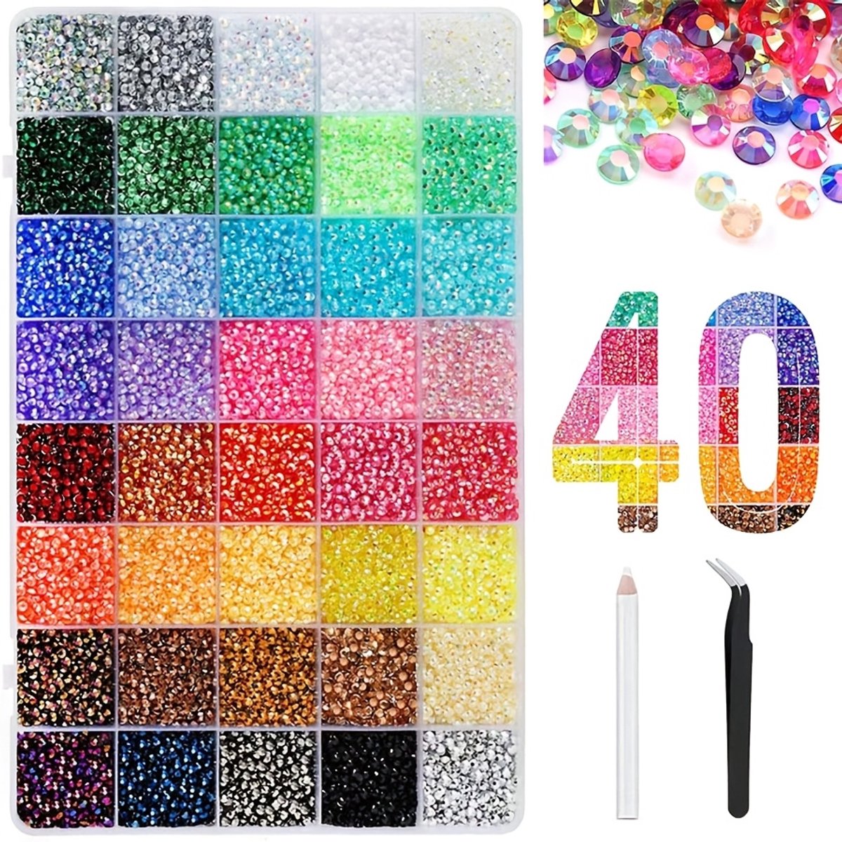 Currero Bedazzle Kit - Bedazzling - Plakstenen - Strass Steentjes - DIY Versieren - 40 Vakken Met 40 Kleuren - Nagel Decoratie - Met Pincet En Applicator
