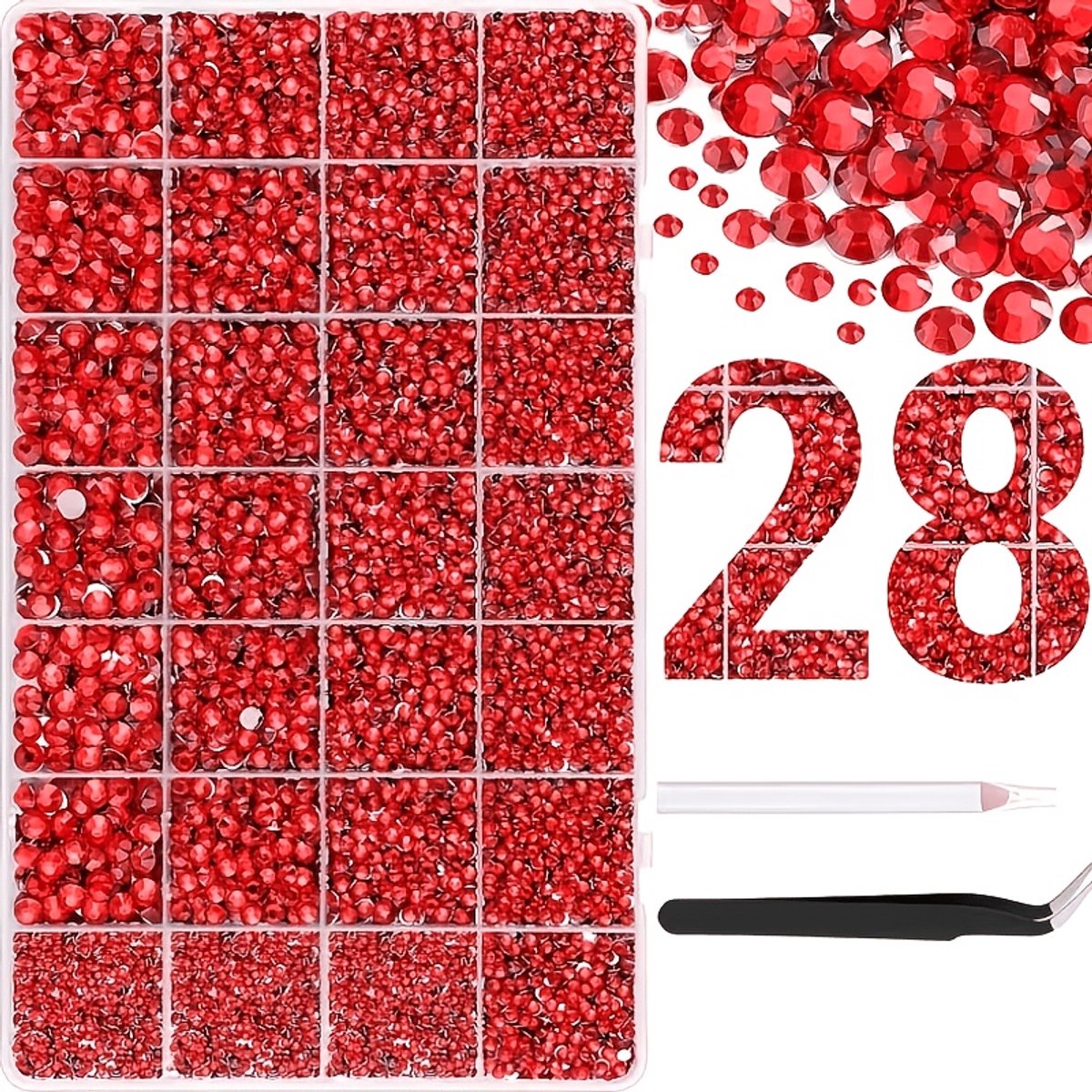 Currero Bedazzle Kit - Bedazzling - Plakstenen - Strass Steentjes - DIY Versieren - Set Met 18.000 Steentjes - 28 Vakken - Nagel Decoratie - Met Pincet En Applicator - Rood