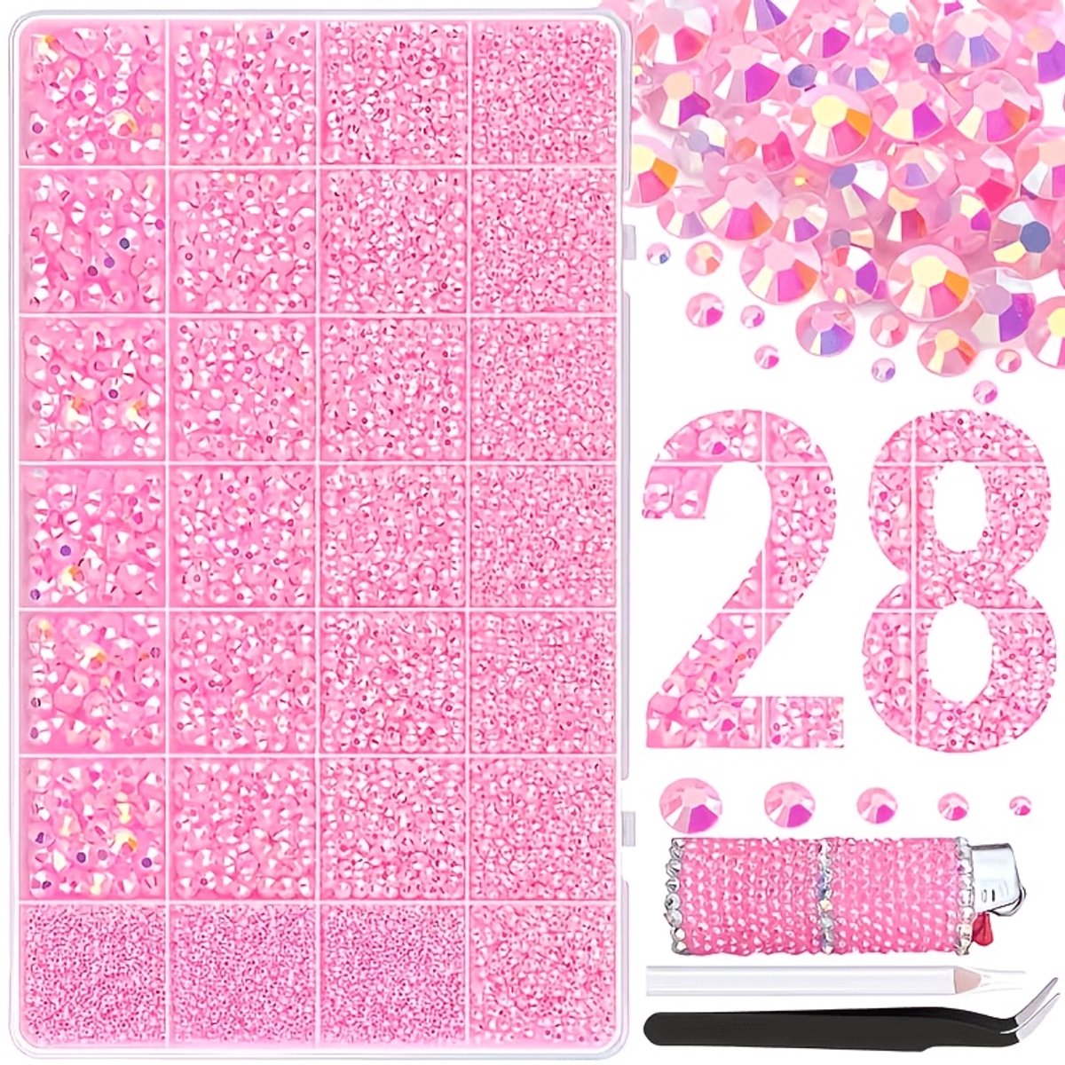 Currero Bedazzle Kit - Bedazzling - Plakstenen - Strass Steentjes - DIY Versieren - Set Met 18.000 Steentjes - 28 Vakken - Nagel Decoratie - Met Pincet En Applicator - Roze
