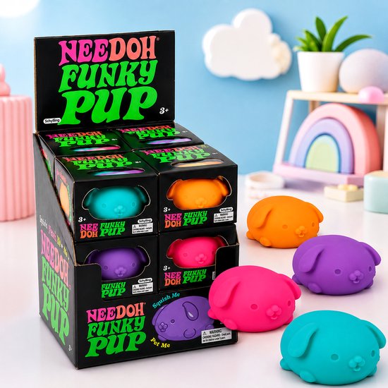 Display met Schylling Funky Pup NeeDoh stressballen in diverse kleuren, waaronder oranje, paars, fuchsia en blauwgroen.