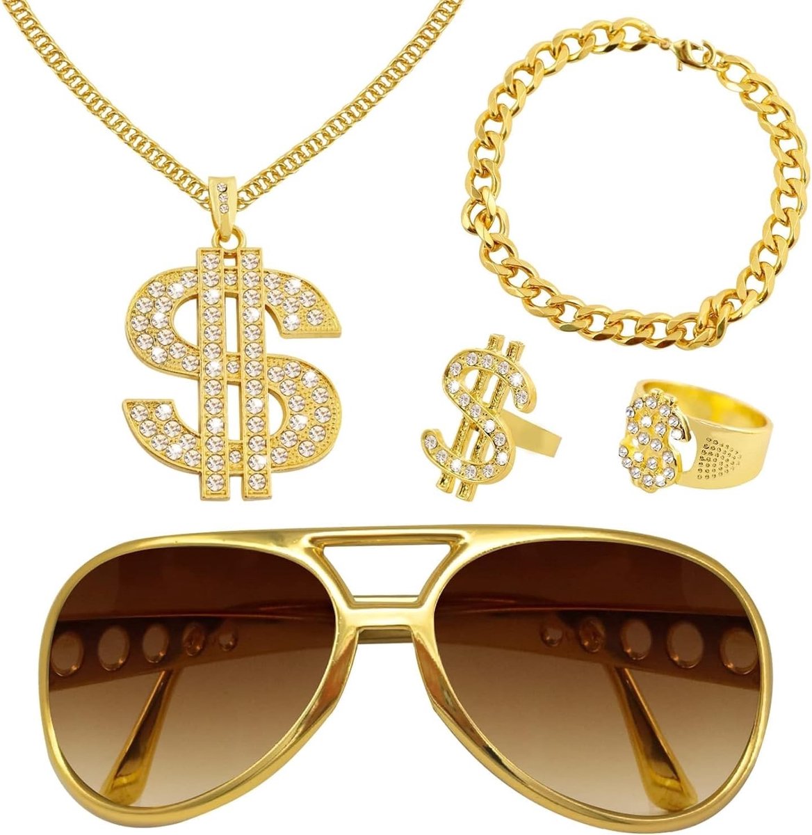 5-delige Hip Hop Kostuumset met Gouden Kettingen, Dollar Sign, Zonnebril en Ringen voor Rappers en Feestjes