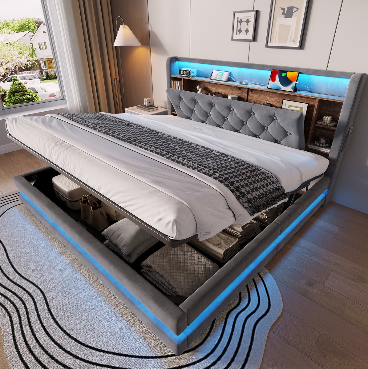 REDOM - Bed - Opbergruimte en LED-verlichting - Hydraulisch liftmechanisme - Met lattenbodem en USB-Type-C - Moderne stijl - Slaapkamer - Stof - 187 x 218,5 x 106,5 cm
