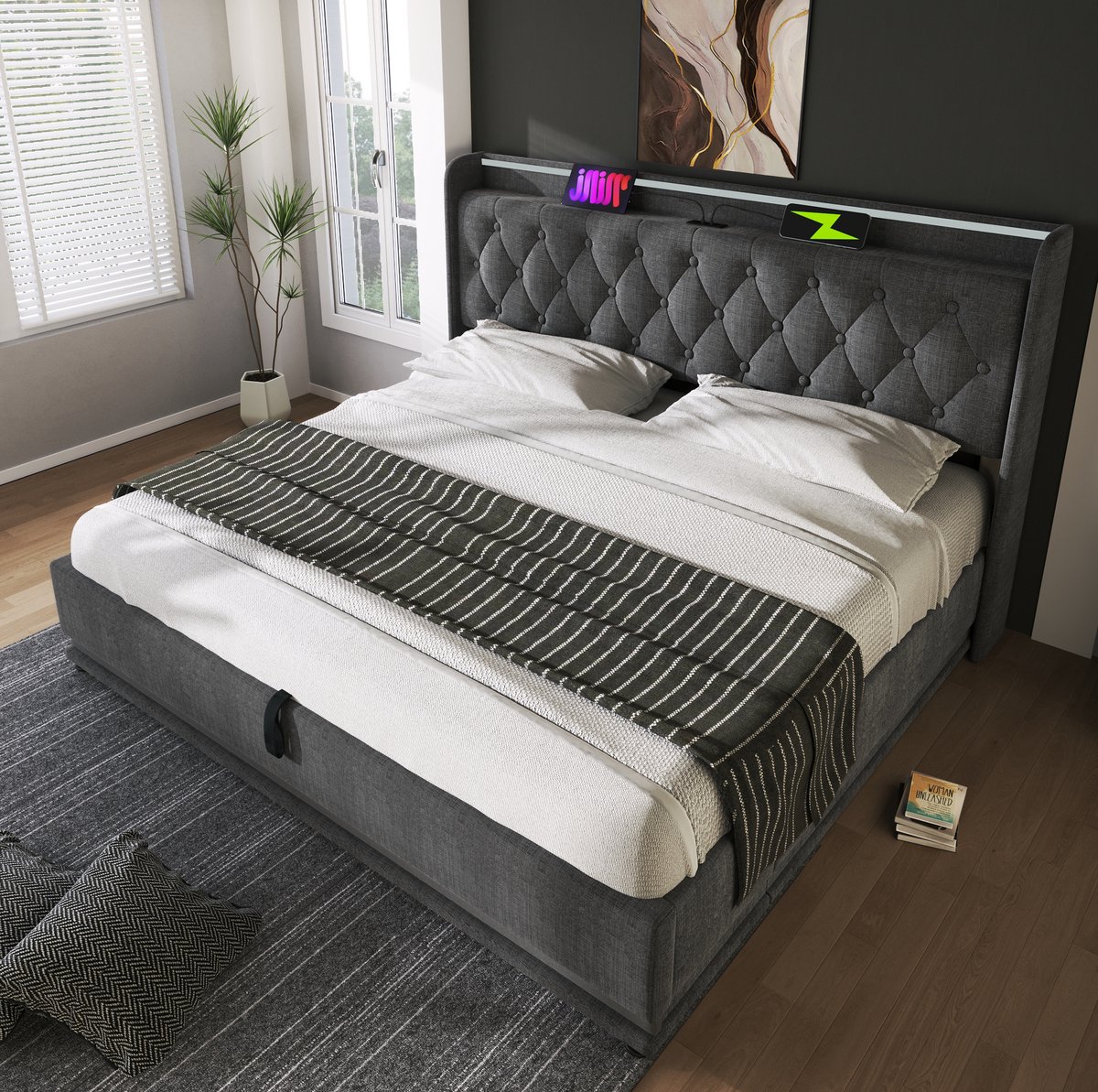Bed 180x200 cm - Gestoffeerd Bed Met Led Verlichting en Usb Type C - Met Opbergruimte - Voor Slaapkamer en Logeerkamer - Stof - Grijs - Zonder matras