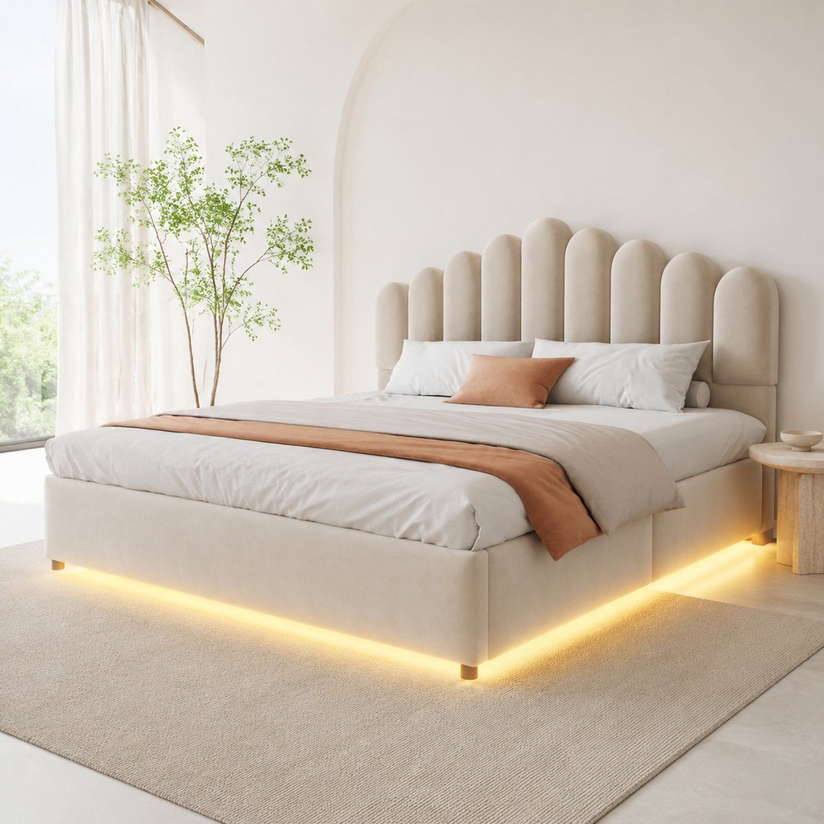 REDOM - Bed - Polsterbed met hydraulische opbergruimte en LED-lichtband - Volumineus hoofdbord - Lattenbodem - Moderne stijl - Slaapkamer - Stof en MDF - Beige - 180 x 200 cm