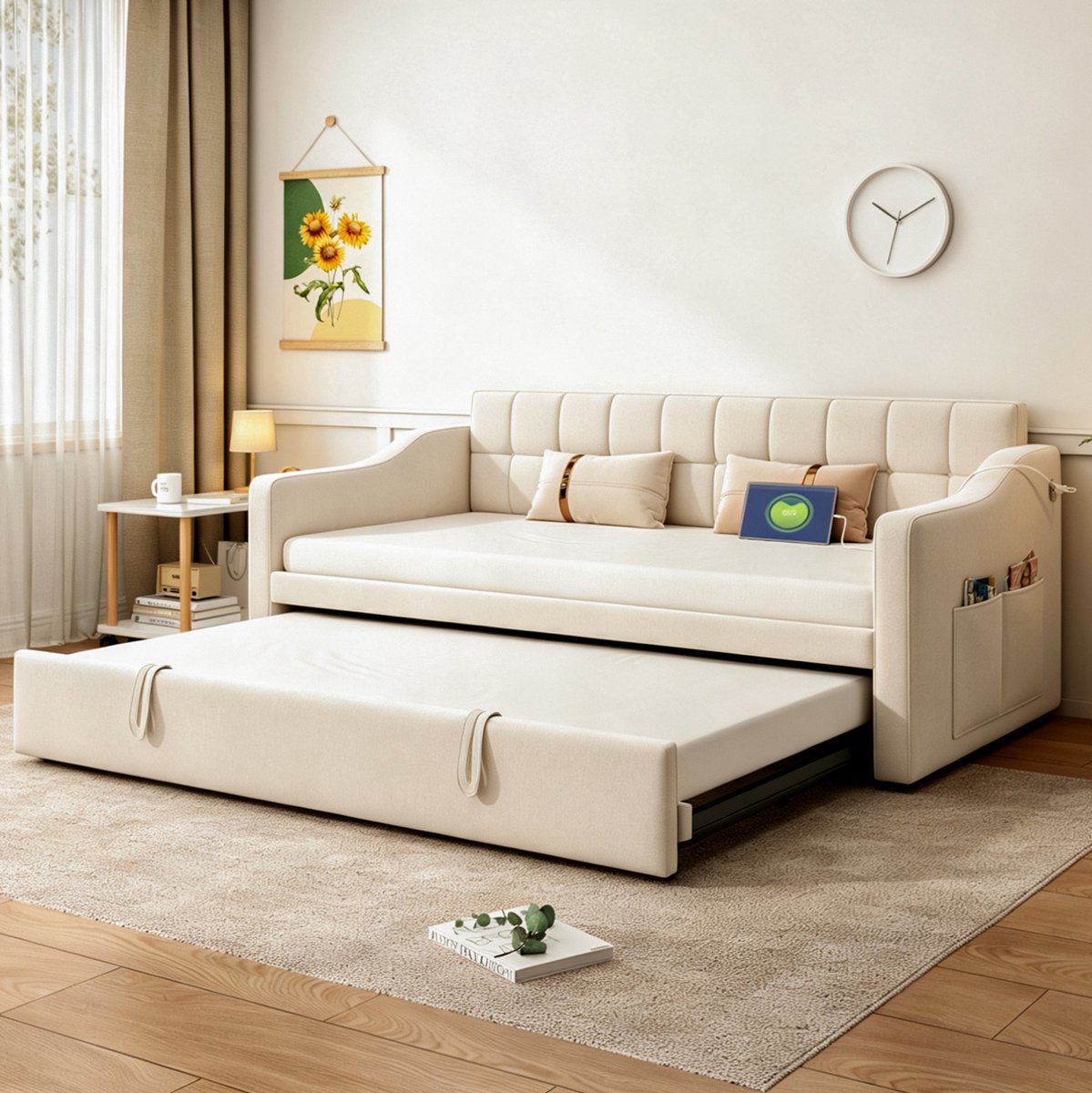 Slaapbank 90x190 Cm Zonder Matras - Uitschuifbaar Bed Met Oplaadpoorten En Opbergvak - Voor Woonkamer En Logeerkamer - Fluweel - Beige