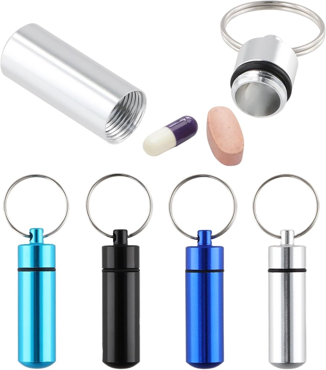 Draagbare mini pillendoos met sleutelhanger, waterdichte pillenorganizer voor onderweg, handige dagelijkse doseerder en metaalhouder