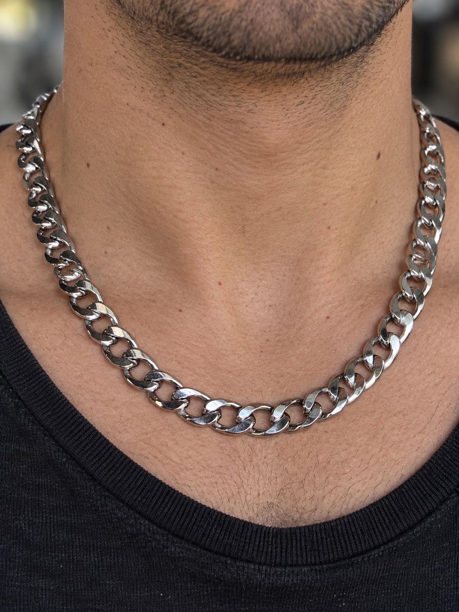 Anelplus Heren Ketting – Zilverkleurig – Grove Schakelketting – Stoere Heren Halsketting – Cuban Link Stijl