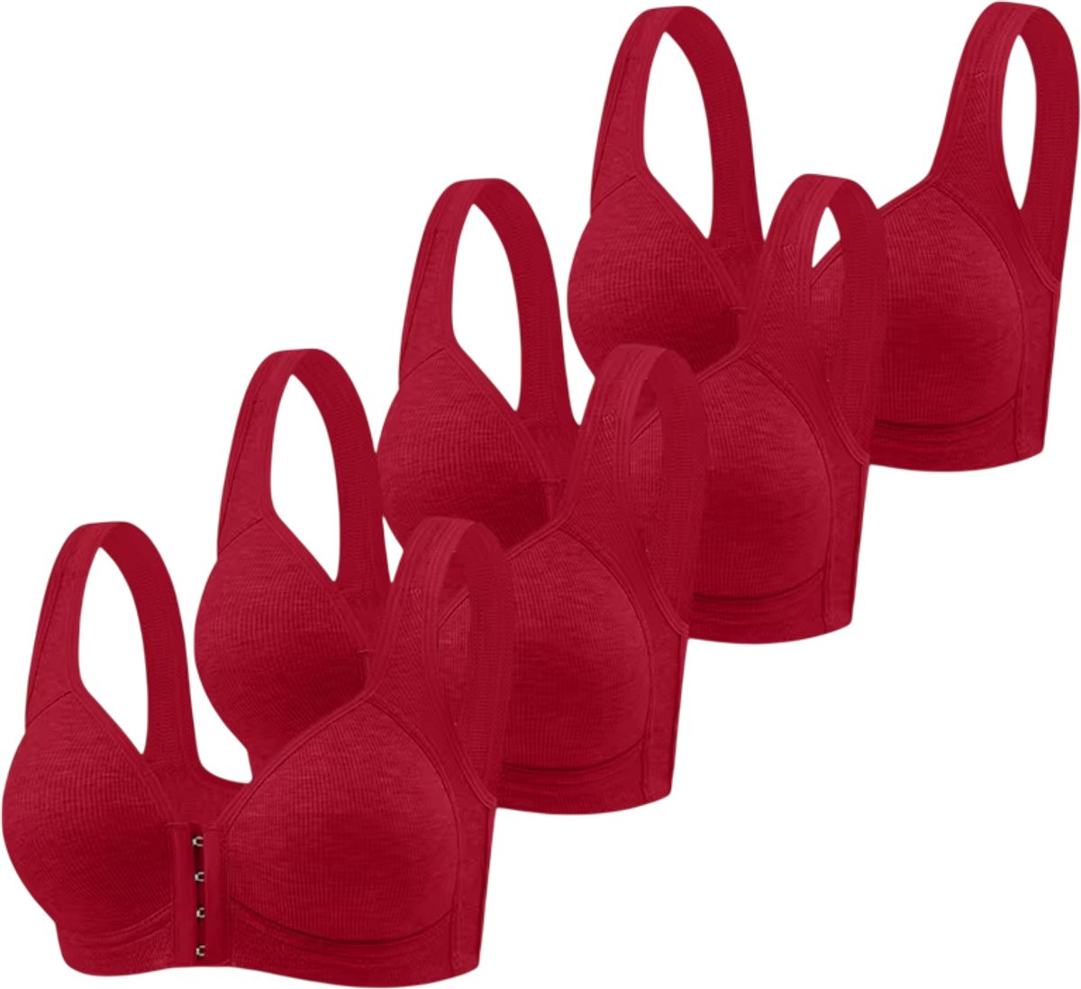 4-Pack Dames Beha Zonder Beugel met Voorsluiting – Comfortabele BH met Volledige Dekking, Vaste Cups & Optimale Ondersteuning - Rood - Maat S