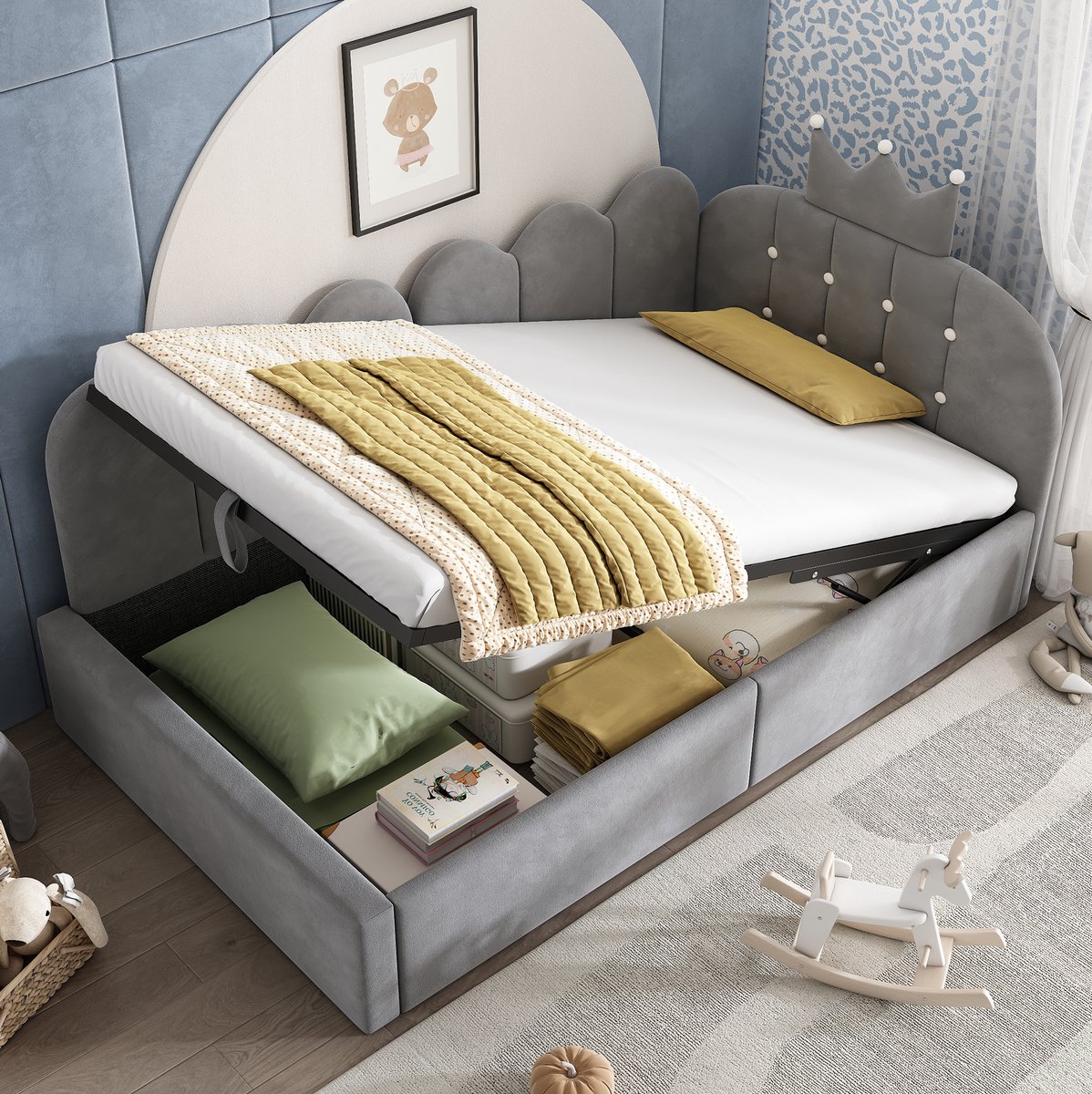 COVREO Slaapbank met opbergruimte – 90x200 cm – Daybed met L-vorm – voor kleine ruimtes – Grijs - zonder matras