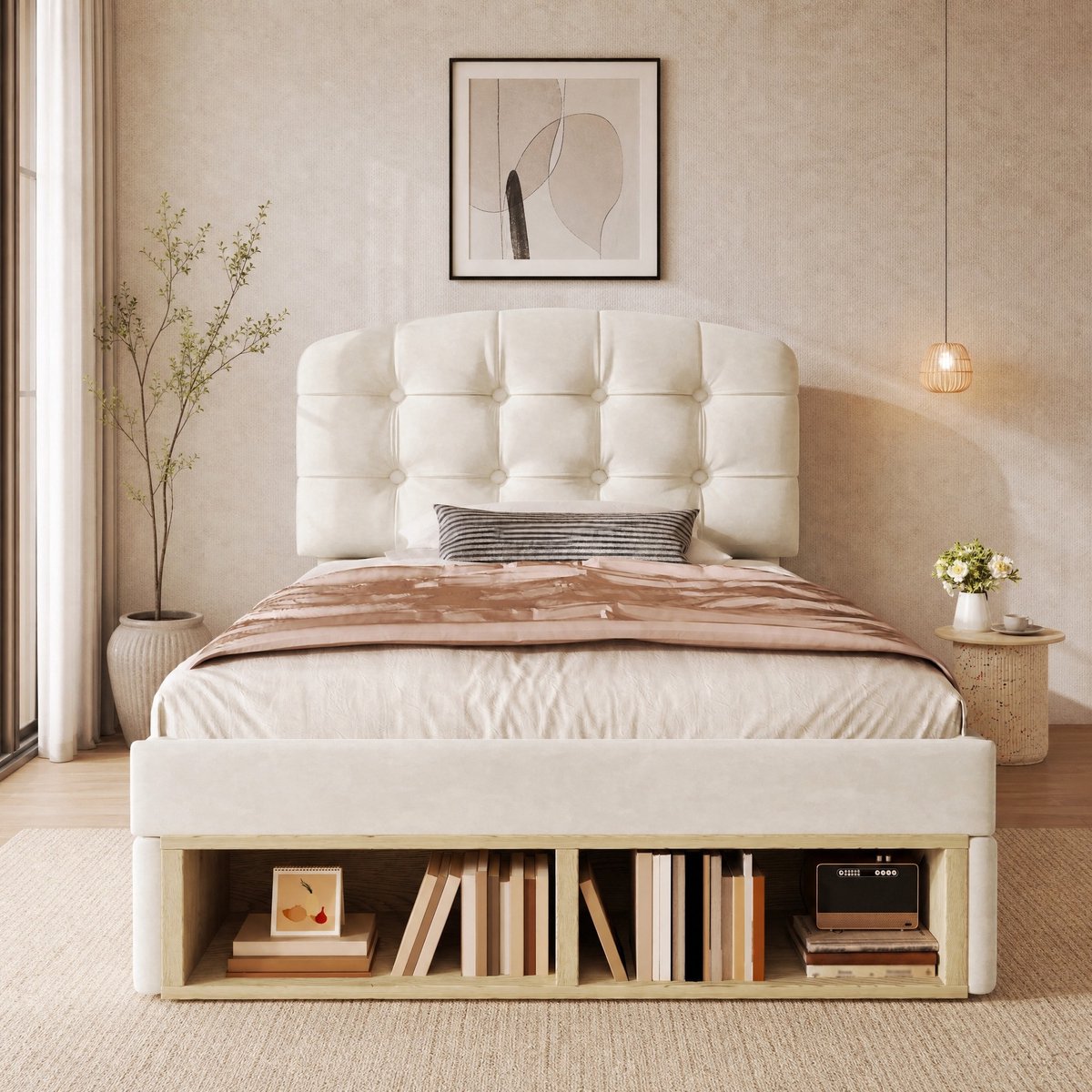 COVREO Bed met verstelbaar hoofdeind – 90x200 cm – Gestoffeerd bedframe met lades – voor volwassenen en opbergruimte – Beige - zonder matras