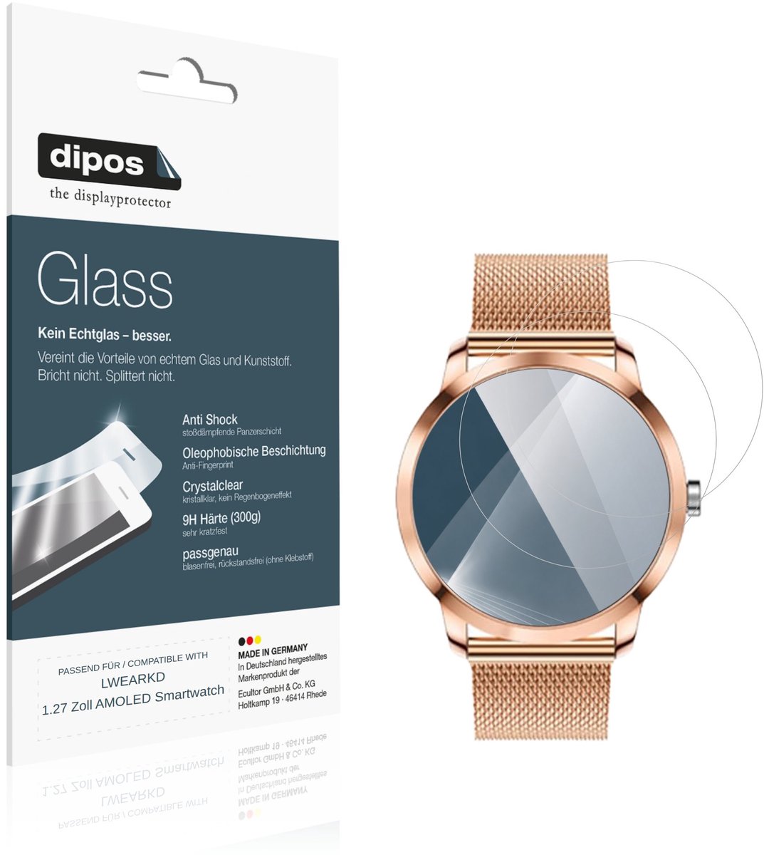 dipos – 2x Pantserfolie geschikt voor LWEARKD 1.27 Zoll AMOLED Smartwatch | 9H Screenprotector