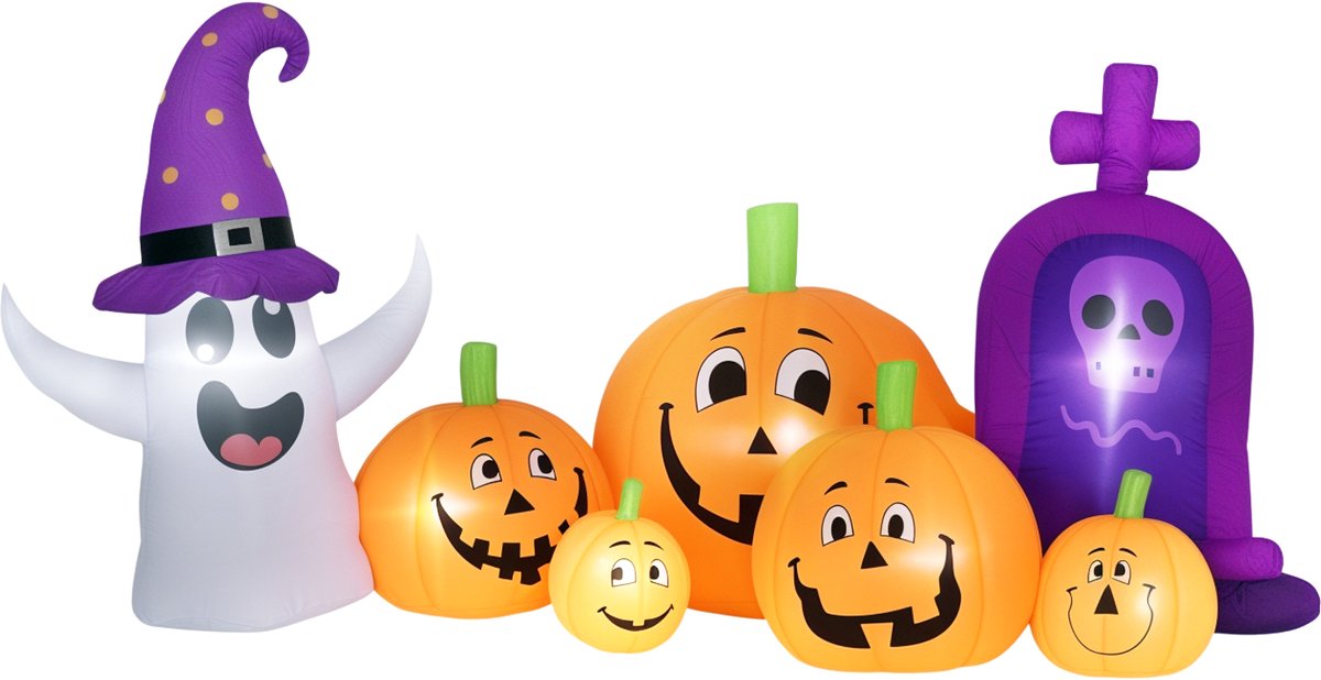 Opblaasbare Halloween pompoen met geest en grafsteen - LED-verlichting - IP44 waterdicht - Inclusief ventilator - 240x130x130 cm - Multicolor