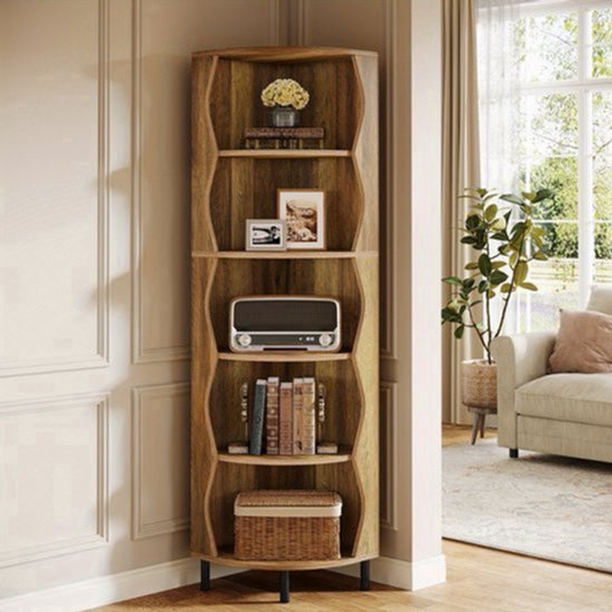 Hoekshelf – Hoekplank – Hoekkast – Hoekmeubel – Hoekopberger – Extra Hoog 182 cm – Robuuste Houtlook Bruine Afwerking