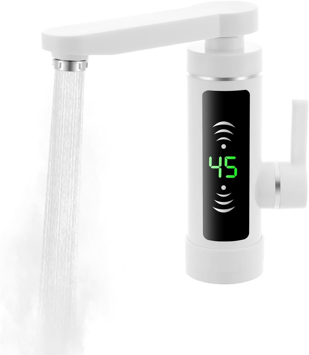 Elektrische kraan met doorstroomboiler, 3000 W, direct warme waterkraan met digitaal led-display, voor keukens en badkamers (wit) [Energieklasse B]