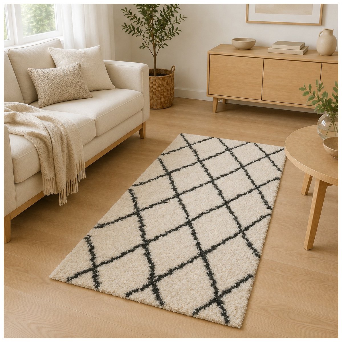 La Sheba Shaggy Wasbaar Vloerkleed – Gebroken Wit/Antraciet – Geometrisch Ruitpatroon – 120 x 170 cm