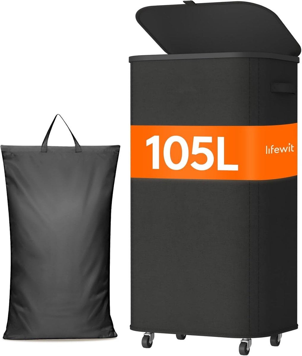 Vouwbare Wasmand met Deksel en Wielen, Verwijderbare Tas, Ideaal voor Slaapkamer, Badkamer en Wasruimte, 105L, Zwart