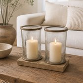 Hoppa! - Dubbel Windlicht op Houten Voet - Naturel/Antiek Messing - 38 x 19 x 28 (B x D x H)